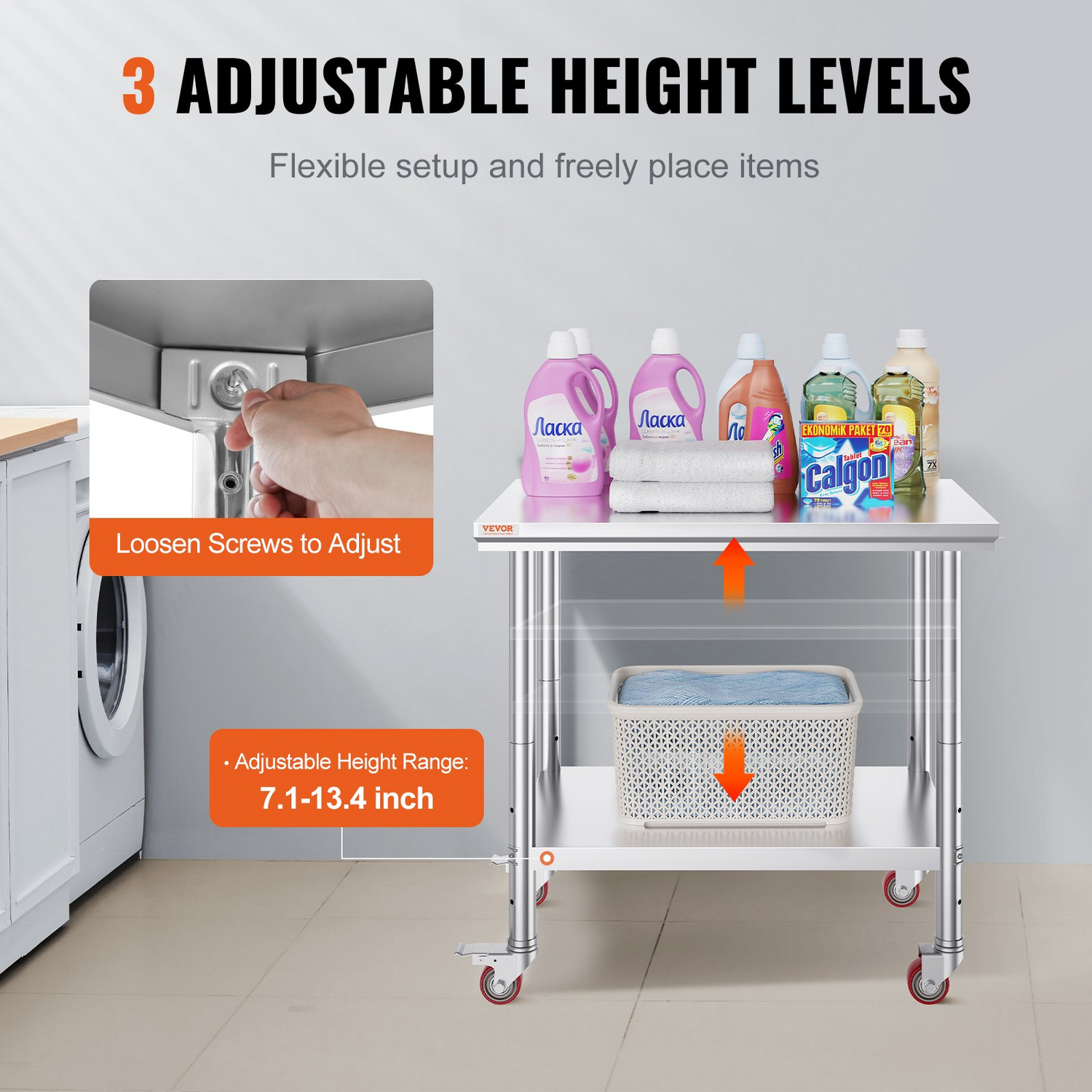 Stainless steel work table by VEVOR with 4 wheels, adjustable height, 300 lbs capacity, ideal for commercial kitchens.