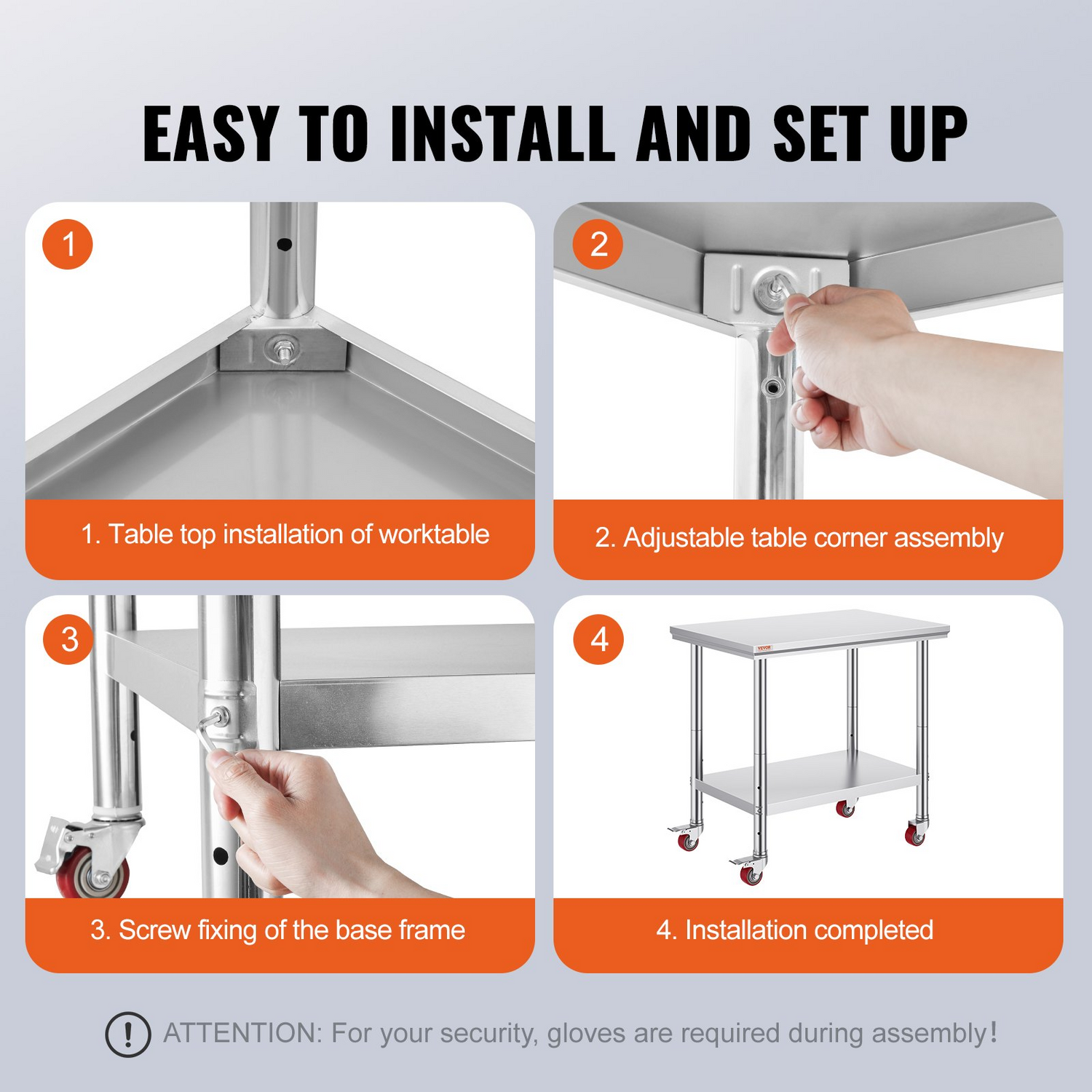 Start2Finish stainless steel work table with wheels, adjustable height, heavy-duty food prep surface for commercial kitchens