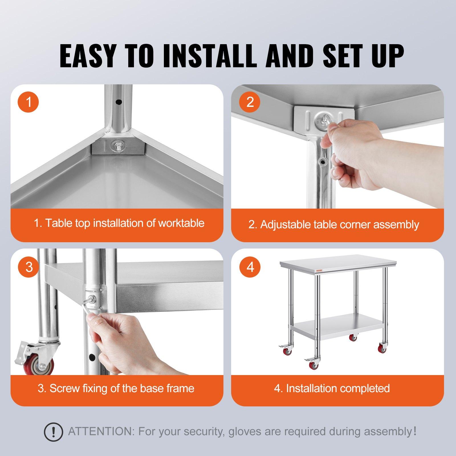 Start2Finish stainless steel work table with wheels, adjustable height, heavy-duty food prep surface for commercial kitchens