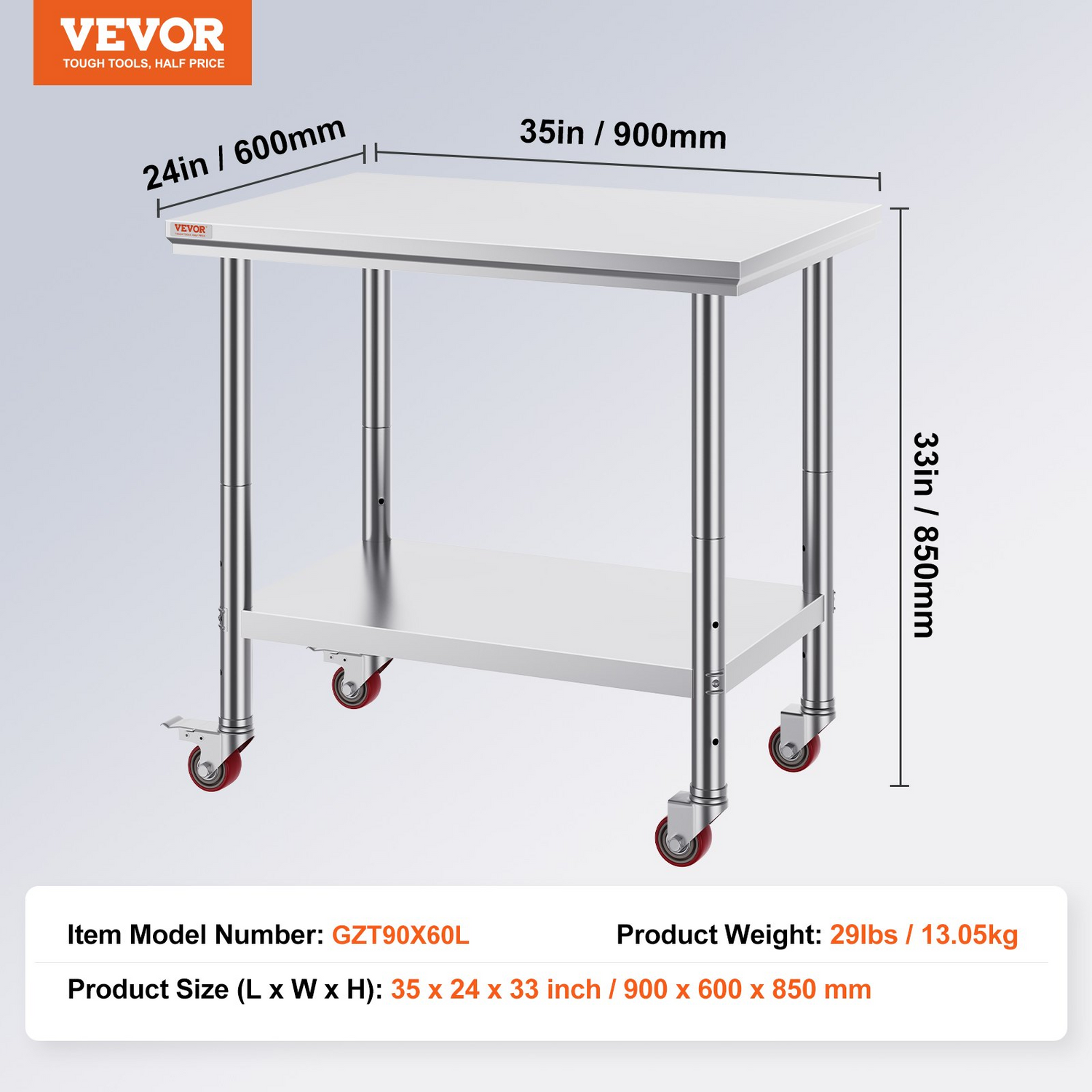 Start2Finish VEVOR stainless steel work table with 4 wheels, adjustable height, and heavy-duty 35x24x33 inch surface for commercial kitchens.