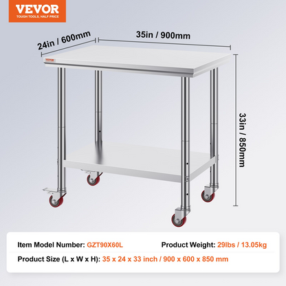 Start2Finish VEVOR stainless steel work table with 4 wheels, adjustable height, and heavy-duty 35x24x33 inch surface for commercial kitchens.