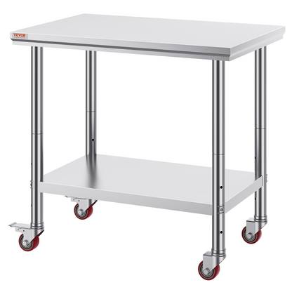 Stainless steel work table with 4 wheels, adjustable height levels, and a 300-lb capacity for commercial kitchens.