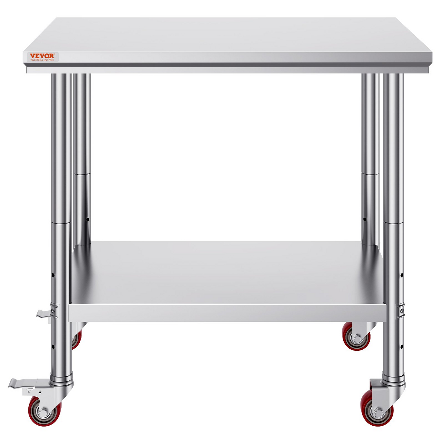 Stainless steel work table with 4 wheels, adjustable height levels, and load capacity for commercial kitchen food prep.
