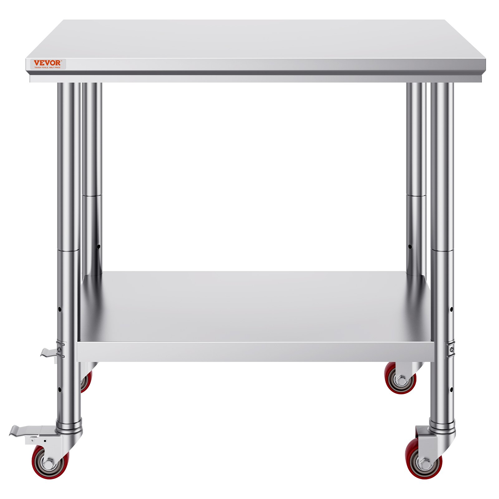 Stainless steel work table with 4 wheels, adjustable height levels, and load capacity for commercial kitchen food prep.