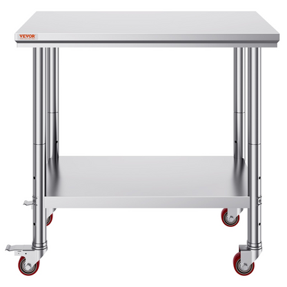 Stainless steel work table with 4 wheels, adjustable height levels, and load capacity for commercial kitchen food prep.