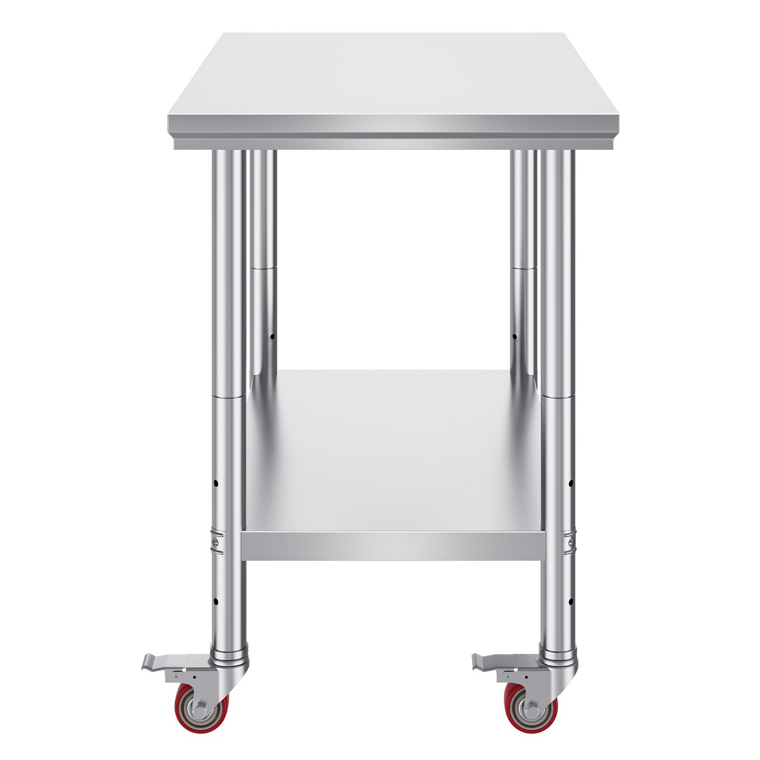 Stainless steel work table with four wheels, adjustable height, 35x24x33 inches, suitable for commercial kitchens, silver finish.