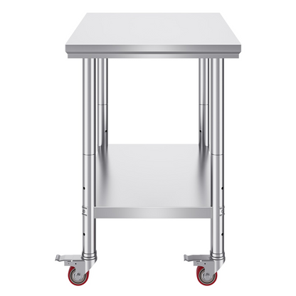Stainless steel work table with four wheels, adjustable height, 35x24x33 inches, suitable for commercial kitchens, silver finish.