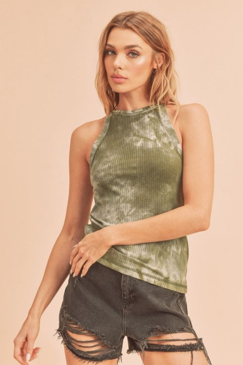 Jade Icarus Aemi + Co ribbed tie-dye round neck tank top in vibrant colors, showcasing its textured fabric and stylish fit.