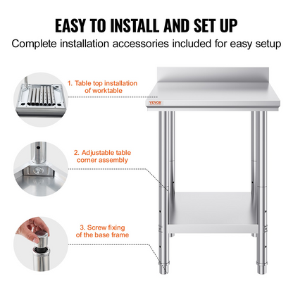 Stainless steel VEVOR work table with adjustable height, 24x24x35 inches, ideal for commercial food prep in restaurant or kitchen settings.