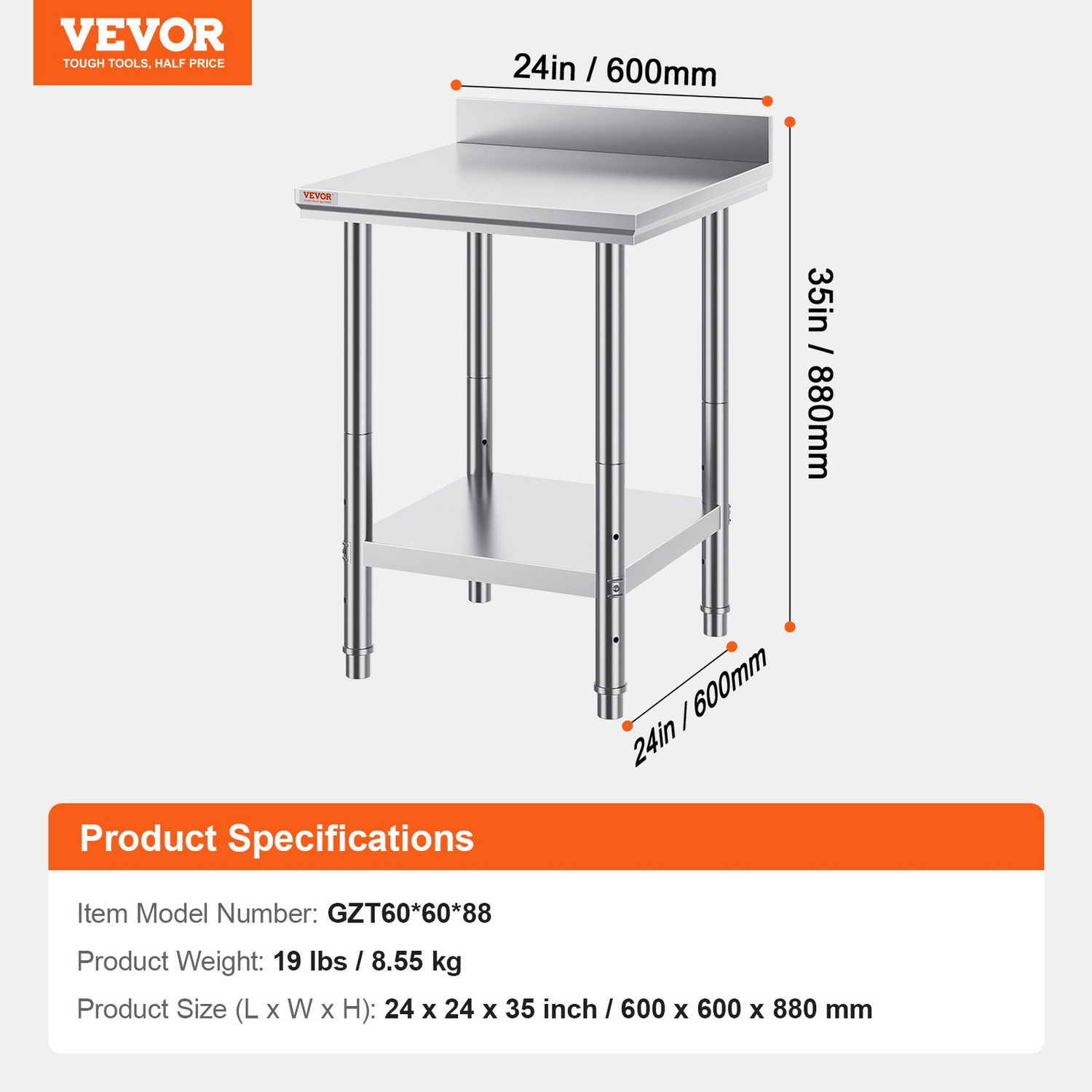 Stainless steel VEVOR work table with adjustable height, commercial food prep surface, ideal for restaurant, hotel, or home kitchens.