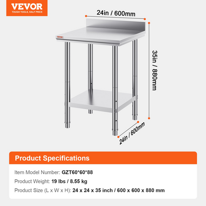 Stainless steel VEVOR work table with adjustable height, commercial food prep surface, ideal for restaurant, hotel, or home kitchens.
