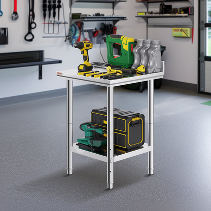 Start2Finish stainless steel work table, 24x24x35 inches, with adjustable height, ideal for commercial food prep in restaurants and hotels.