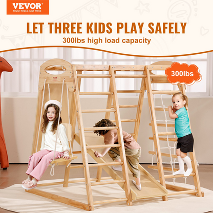 Indoor toddler jungle gym by Start2Finish with wooden climbing toys, rope ladder, swing, slide, monkey bars, and climbing wall.