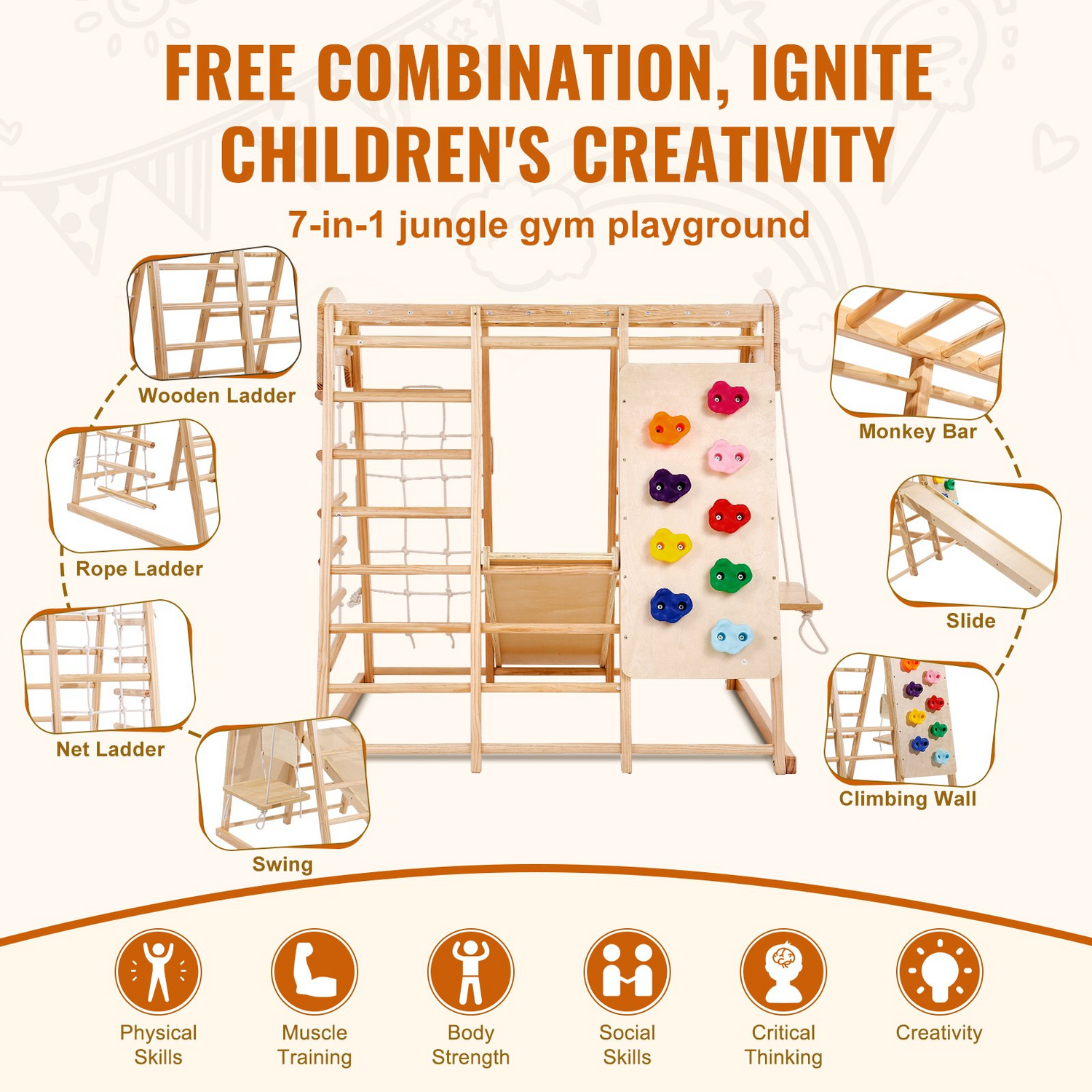 Start2Finish VEVOR indoor jungle gym for toddlers with wooden climbing toys, rope ladder, swing, slide, monkey bars, and climbing wall.
