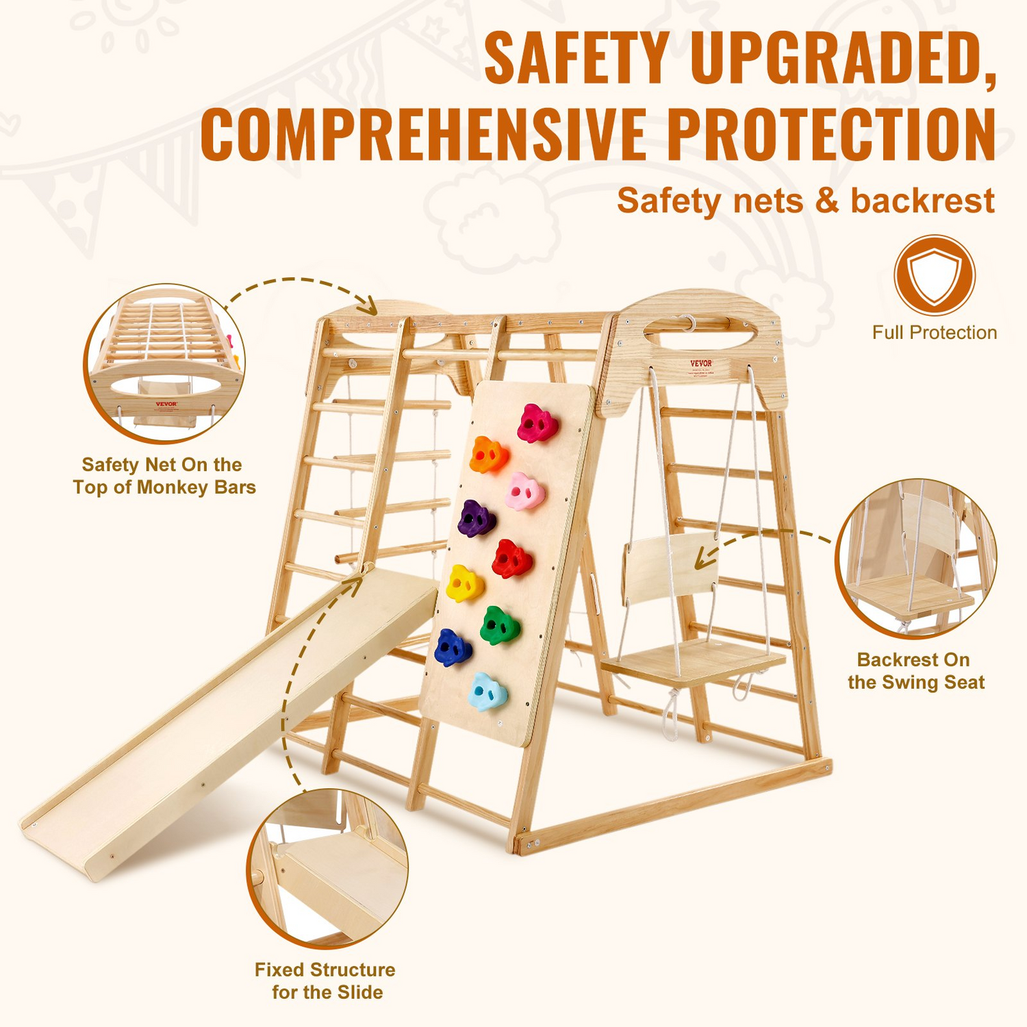 Start2Finish VEVOR indoor jungle gym for toddlers with wooden climbing toys, rope ladder, swing, slide, monkey bars, and climbing wall.