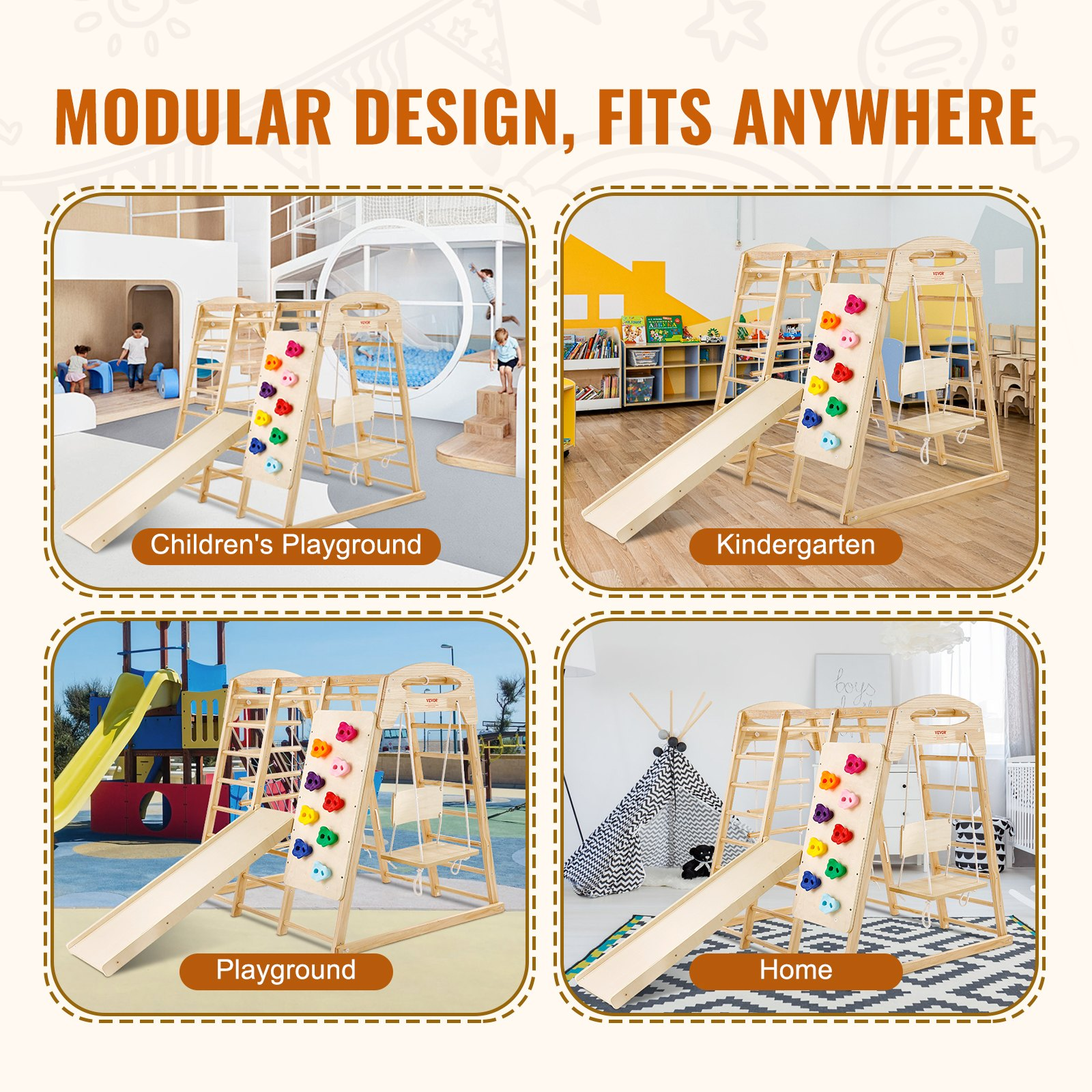 Start2Finish VEVOR indoor jungle gym for toddlers featuring wooden climbing toys, rope ladder, swing, slide, monkey bars, and climbing wall.