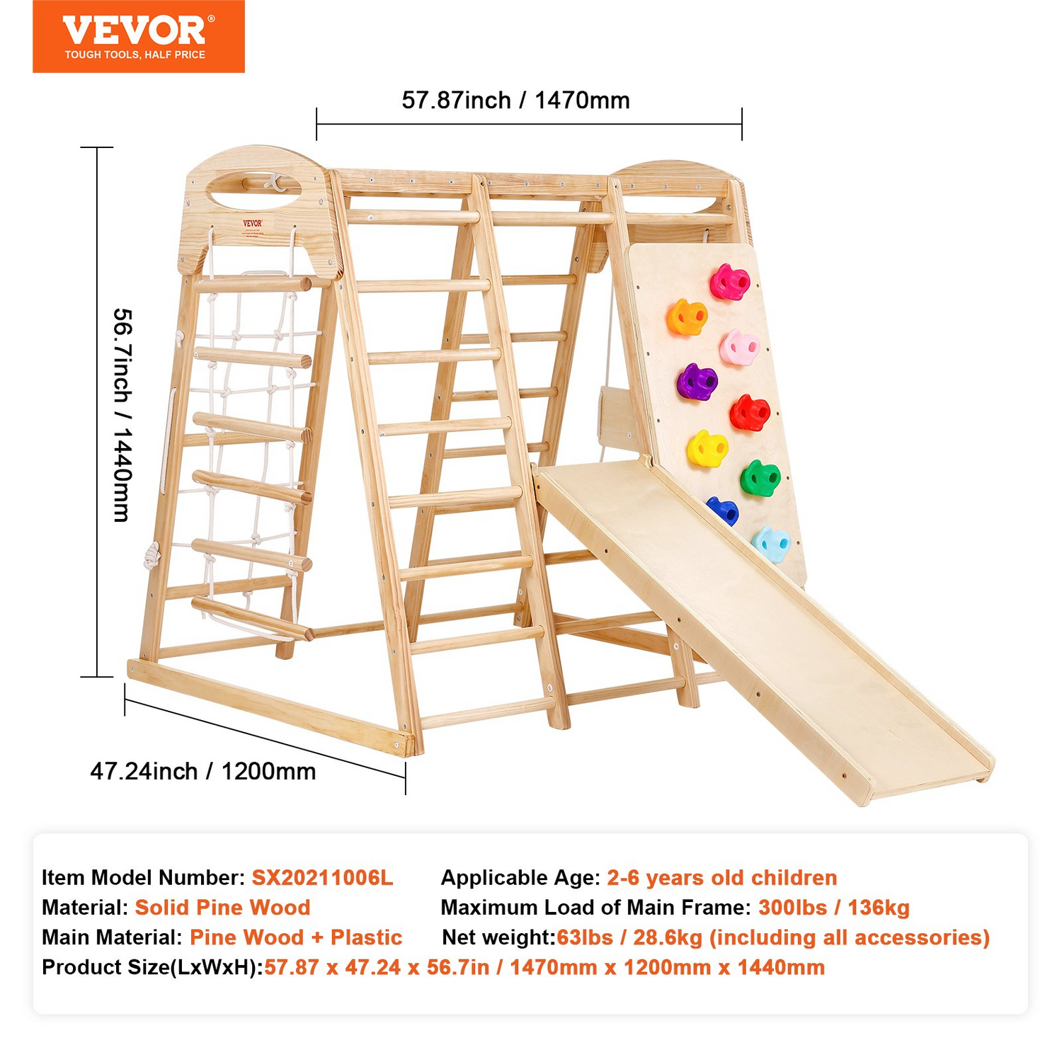 Start2Finish VEVOR Indoor Jungle Gym for toddlers, wooden climbing toys with ladder, swing, slide, monkey bars, and climbing wall.