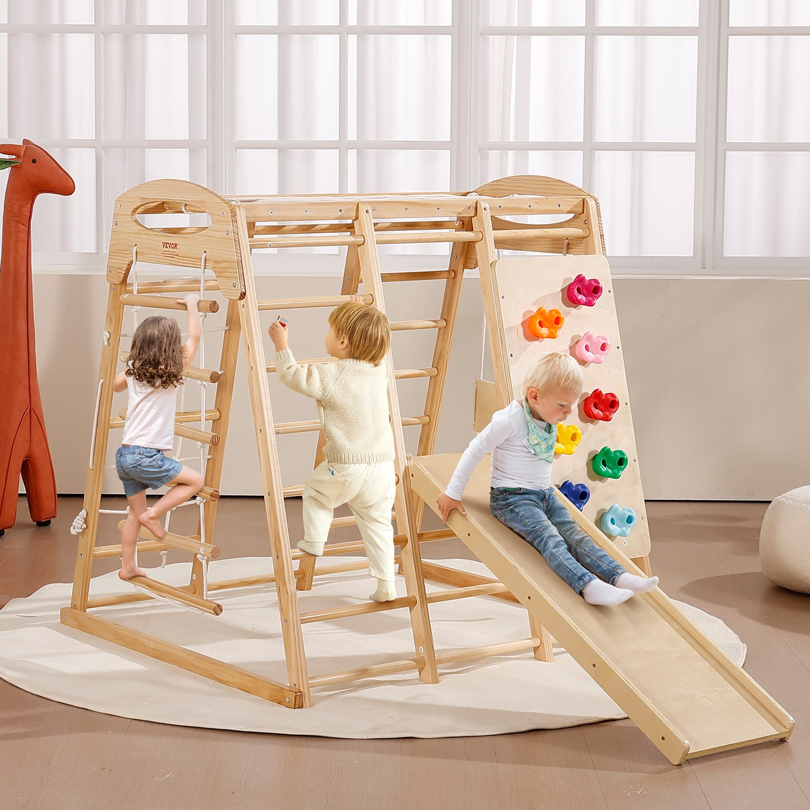 Start2Finish VEVOR indoor jungle gym for toddlers with wooden climbing toys, rope ladder, swing, slide, monkey bars, and climbing wall.