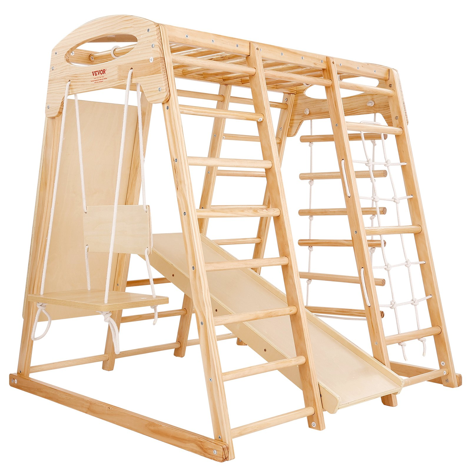 Start2Finish VEVOR indoor jungle gym for toddlers with wooden climbing toys, rope ladder, swing, slide, monkey bars, and climbing wall.
