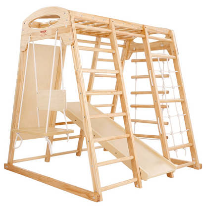 Start2Finish VEVOR indoor jungle gym for toddlers with wooden climbing toys, rope ladder, swing, slide, monkey bars, and climbing wall.