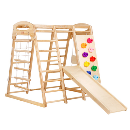 Start2Finish VEVOR indoor jungle gym for toddlers with wooden climbing toys, rope ladder, slide, swing, monkey bars, and climbing wall.