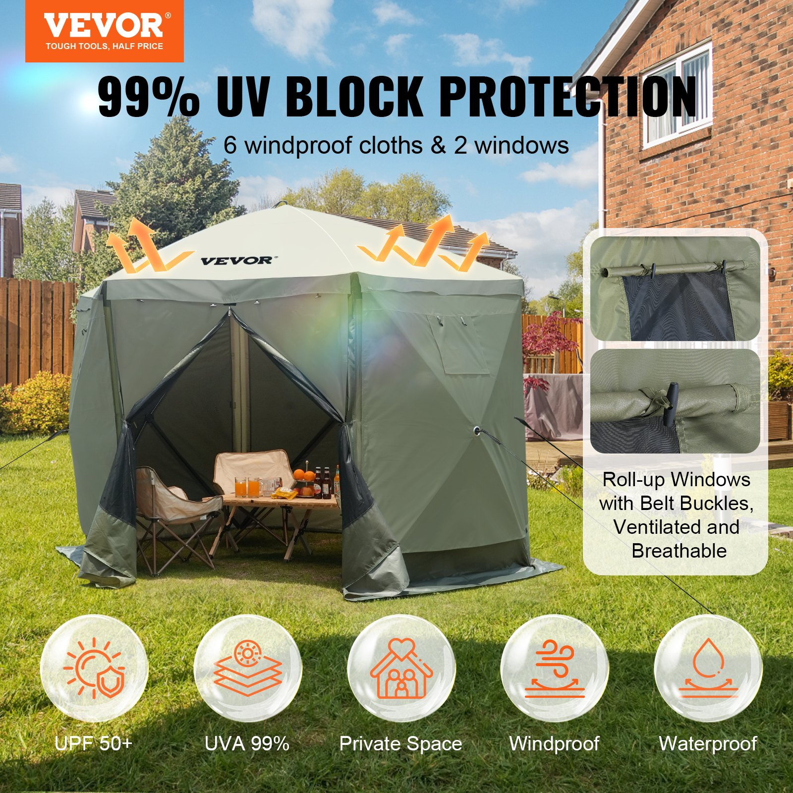 Start2Finish VEVOR 10x10ft green pop-up gazebo tent with mesh windows, removable privacy wind cloths, mosquito netting, and quick setup