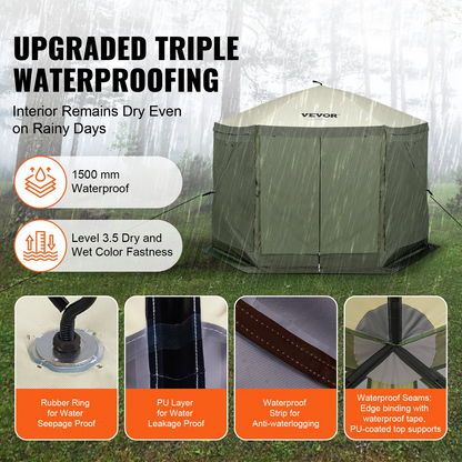 Start2Finish VEVOR 10x10ft green pop-up gazebo tent with mesh windows, removable privacy wind cloths, and mosquito netting.