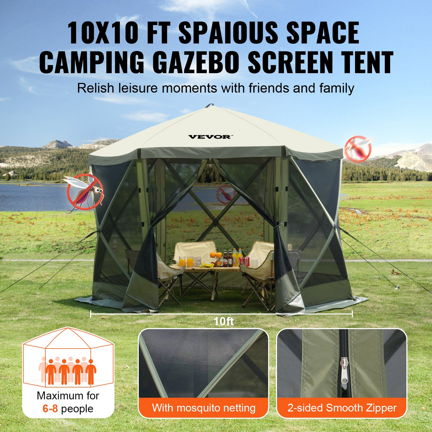 Start2Finish VEVOR 10x10ft green pop-up gazebo tent with mesh windows, removable privacy wind cloths, and mosquito netting