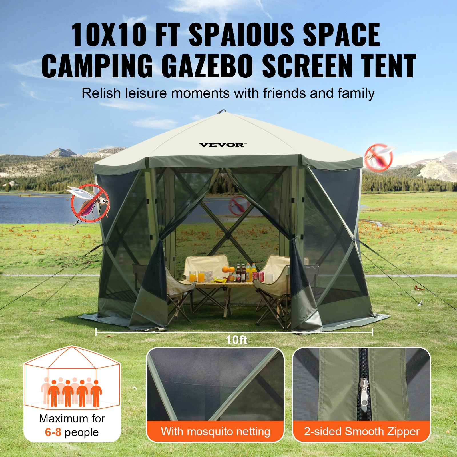Start2Finish VEVOR 10x10ft green pop-up gazebo tent with mesh windows, removable privacy wind cloths, and mosquito netting