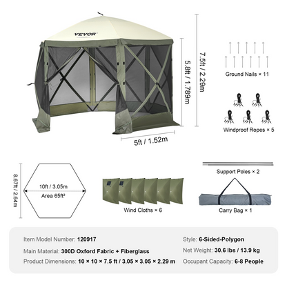 Start2Finish VEVOR 10x10ft pop-up gazebo tent with mesh windows, removable privacy wind cloths, and mosquito netting in army green.