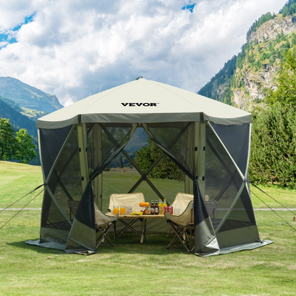 Start2Finish VEVOR 10x10ft pop-up gazebo tent with 6-sided canopy, mesh windows, removable privacy wind cloths, in army green.