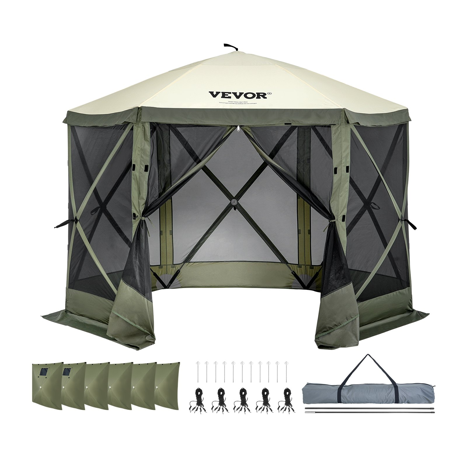 Start2Finish VEVOR 10x10ft Army Green pop-up gazebo tent with mesh windows, removable privacy wind cloths, and mosquito netting.