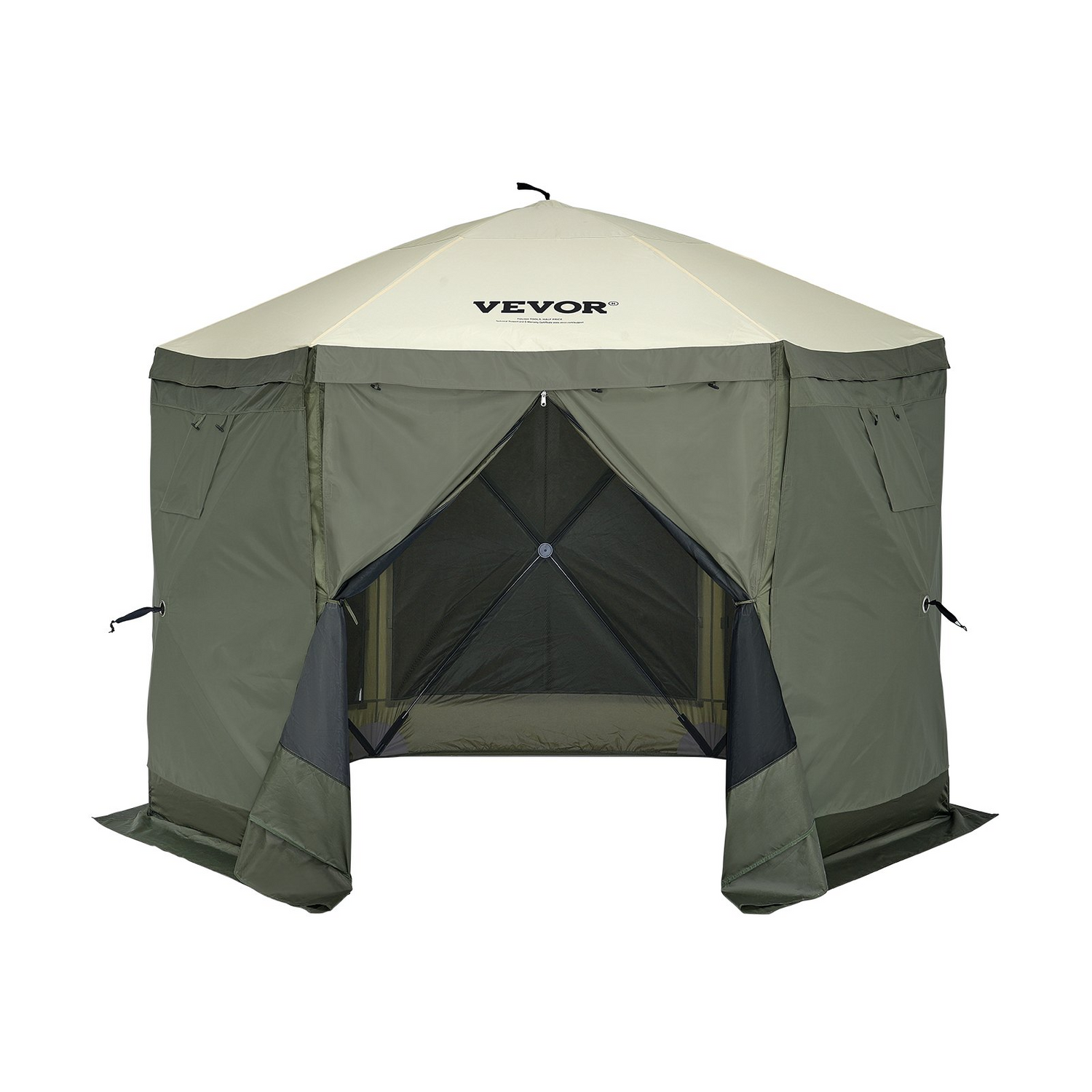 Start2Finish VEVOR 10x10FT Army Green Pop-Up Gazebo Tent with mesh windows, removable privacy wind cloths, and mosquito netting.