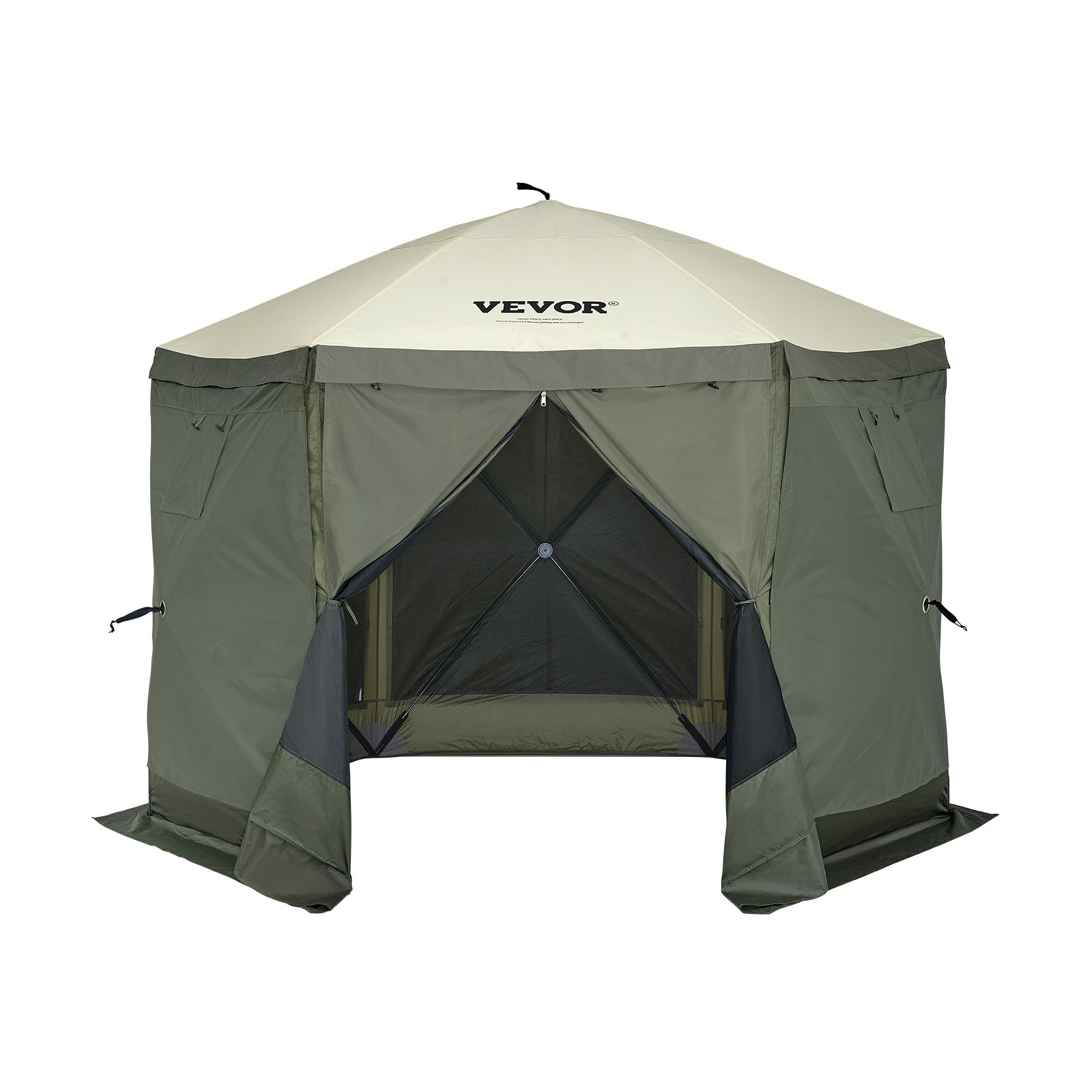 Start2Finish VEVOR 10x10FT Army Green Pop-Up Gazebo Tent with mesh windows, removable privacy wind cloths, and mosquito netting.