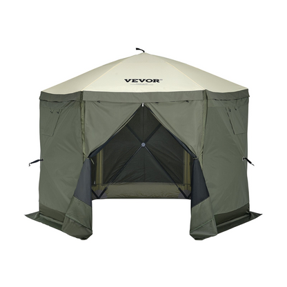 Start2Finish VEVOR 10x10FT Army Green Pop-Up Gazebo Tent with mesh windows, removable privacy wind cloths, and mosquito netting.
