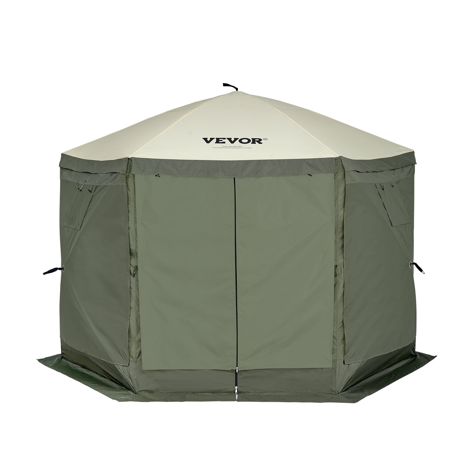 Start2Finish VEVOR 10x10ft pop-up gazebo tent with mesh windows, removable privacy cloths, mosquito netting, and army green canopy.