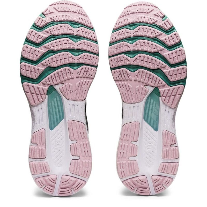 Asics Gel Kayano 28 W running shoes in gray and teal with cushioned soles and supportive design for women.