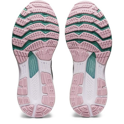 Asics Gel Kayano 28 W running shoes in gray and teal with cushioned soles and supportive design for women.