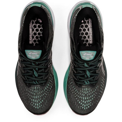 Asics Gel Kayano 28 W running shoes in gray and pink with cushioned soles and breathable mesh design.