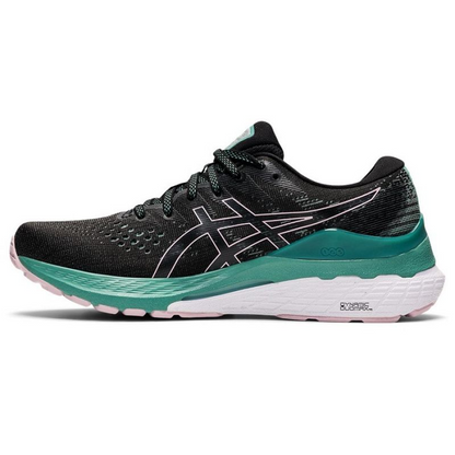 Asics Gel Kayano 28 W running shoes in gray and black with cushioned soles and supportive design.