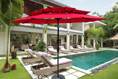 Start2Finish 9 ft metal outdoor patio umbrella in red, mushroom, tan, and chocolate with tilt and crank for patio or poolside.