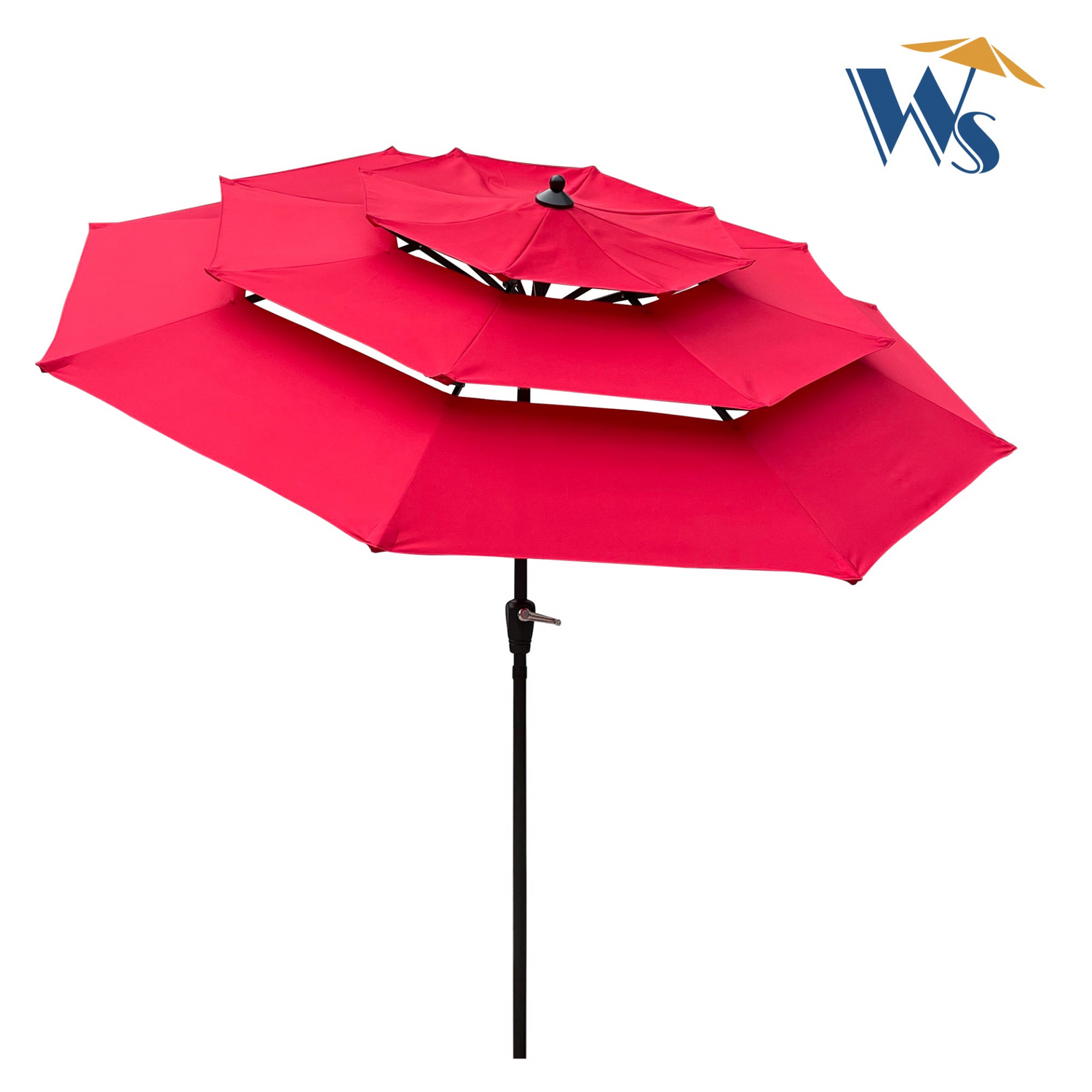 Start2Finish 9 ft metal outdoor patio umbrella in red, tan, mushroom, or chocolate with tilt and crank for deck or poolside.