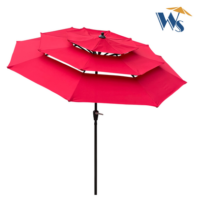 Start2Finish 9 ft metal outdoor patio umbrella in red, tan, mushroom, or chocolate with tilt and crank for deck or poolside.