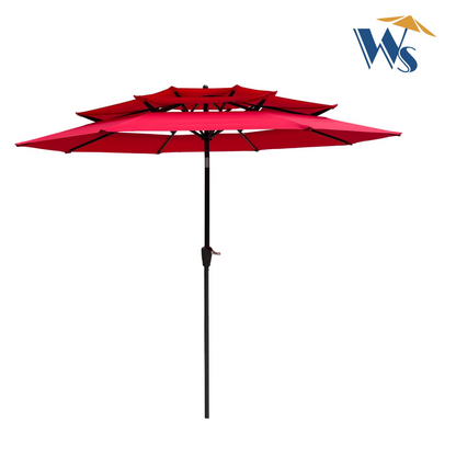 Red 9 ft outdoor patio umbrella by Start2Finish with tilt and crank, perfect for patio, deck, or poolside.
