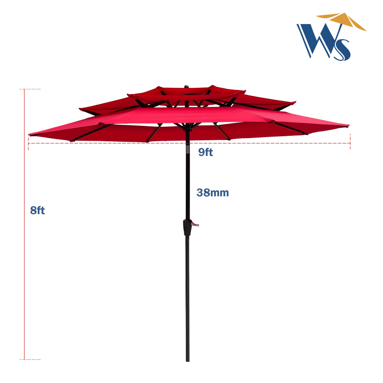 Red 9 ft metal outdoor patio umbrella with tilt and crank, ideal for patio, deck, or poolside lounging.