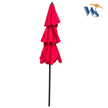 Red 9 ft metal outdoor patio umbrella with tilt and crank, featuring mushroom, tan, and chocolate colors for deck or poolside use.