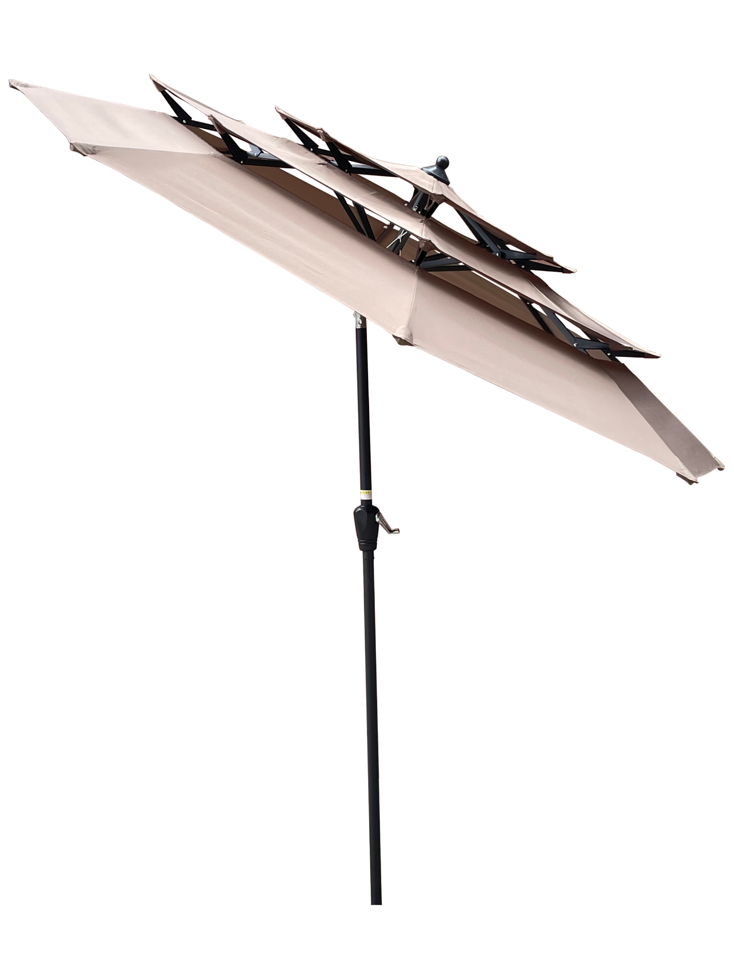 Red 9 ft metal outdoor patio umbrella with tilt and crank, featuring mushroom, tan, and chocolate fabric for deck or poolside use