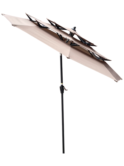 Red 9 ft metal outdoor patio umbrella with tilt and crank, featuring mushroom, tan, and chocolate fabric for deck or poolside use