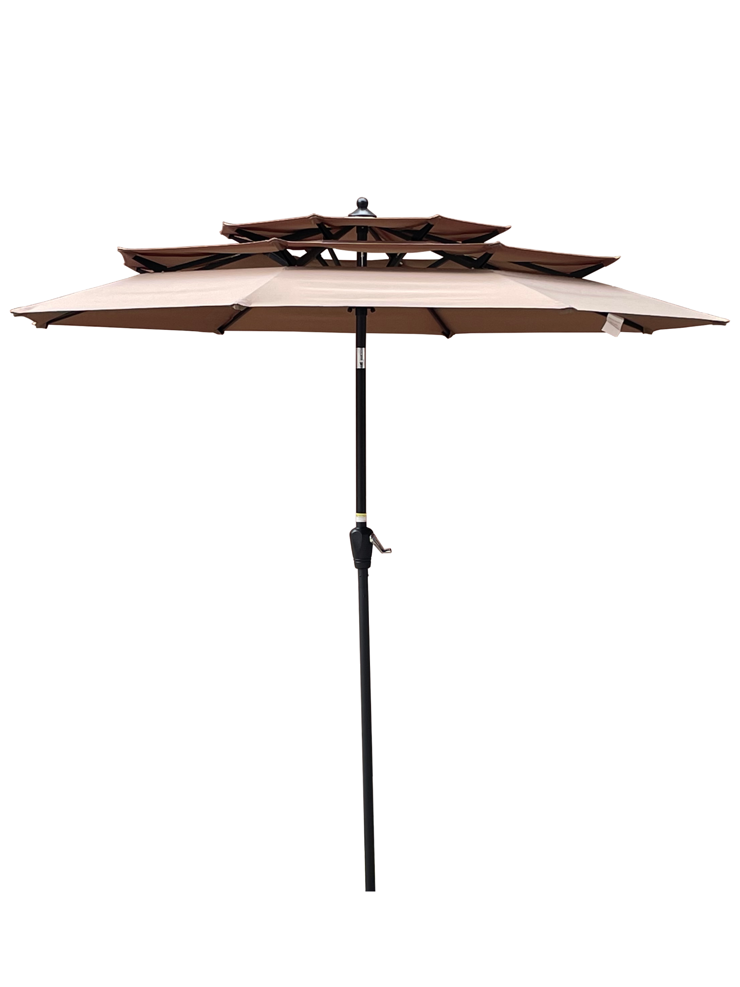Start2Finish 9 ft outdoor patio umbrella with metal frame in red, mushroom, tan, or chocolate, featuring tilt and crank for shade.