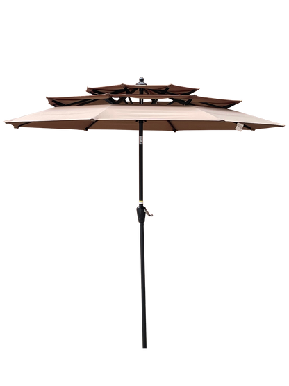 Start2Finish 9 ft outdoor patio umbrella with metal frame in red, mushroom, tan, or chocolate, featuring tilt and crank for shade.